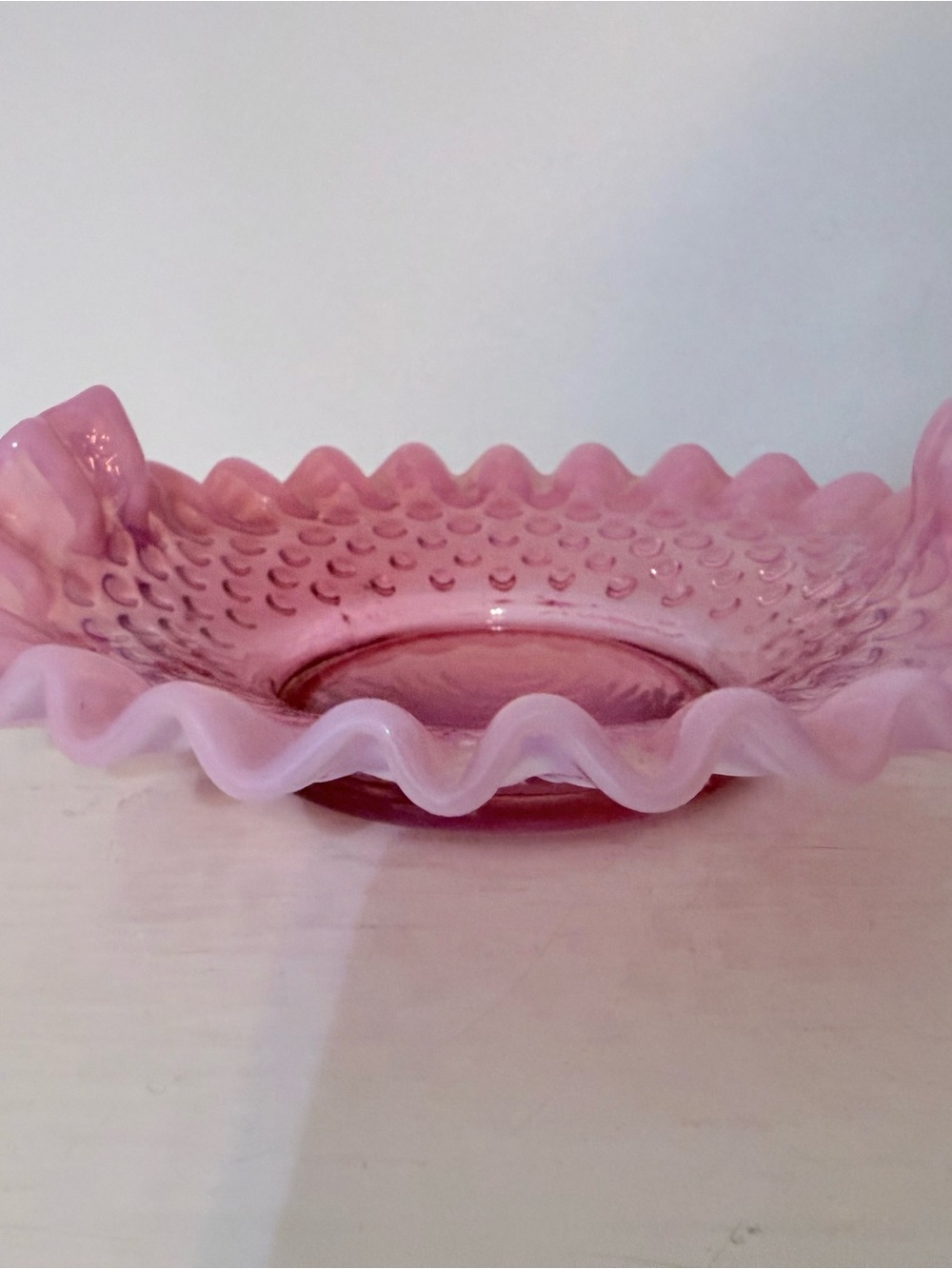 Fenton Pink Hobnail Ruffled Glass Bowl